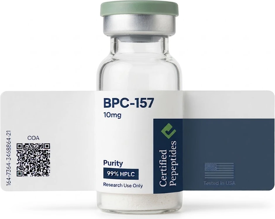 Certified Peptides BPC-157 vial with lot number and COA QR code on the label