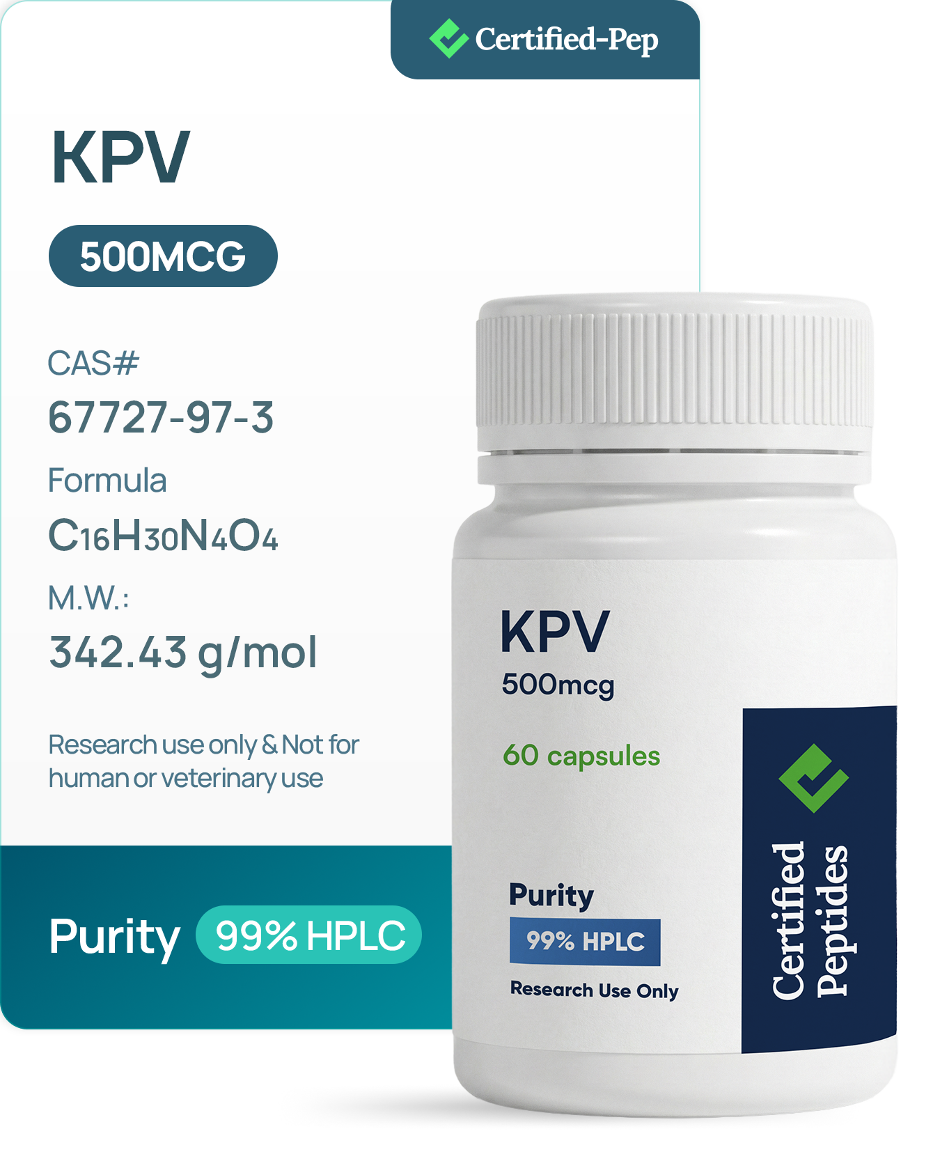 KPV 500 mcg 100 CAPSULES — 10-point lab tested research peptide