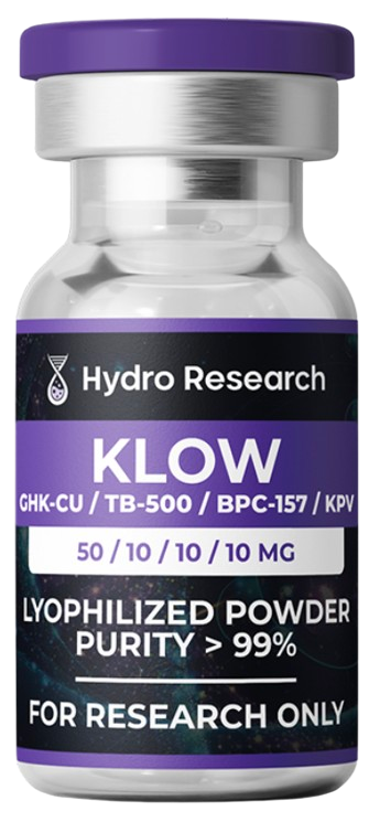 Hydro Research KLOW 80 mg blend vial, labeled GHK-Cu / TB-500 / BPC-157 / KPV, 50 / 10 / 10 / 10 mg