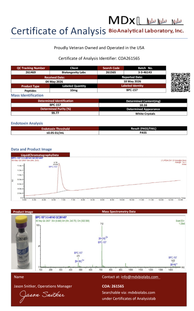 BioLongevity Labs supplied certificate screenshot at full size