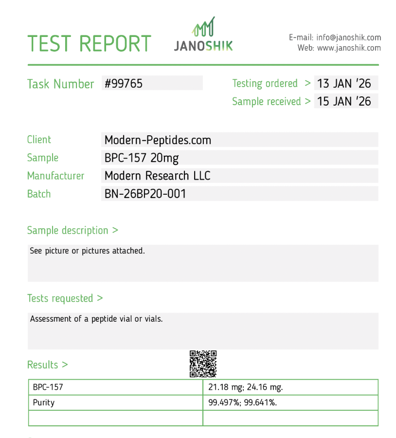 Modern Peptides supplied Janoshik report screenshot at full size